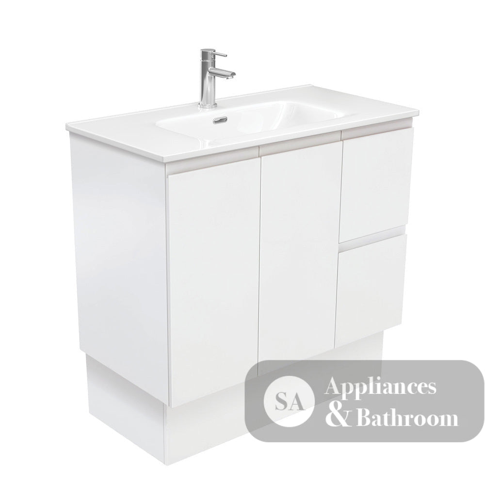 Fienza JOL90ZKL Joli 900mm Fingerpull Vanity on Kickboard Left Drawers Satin White - Vanity Units