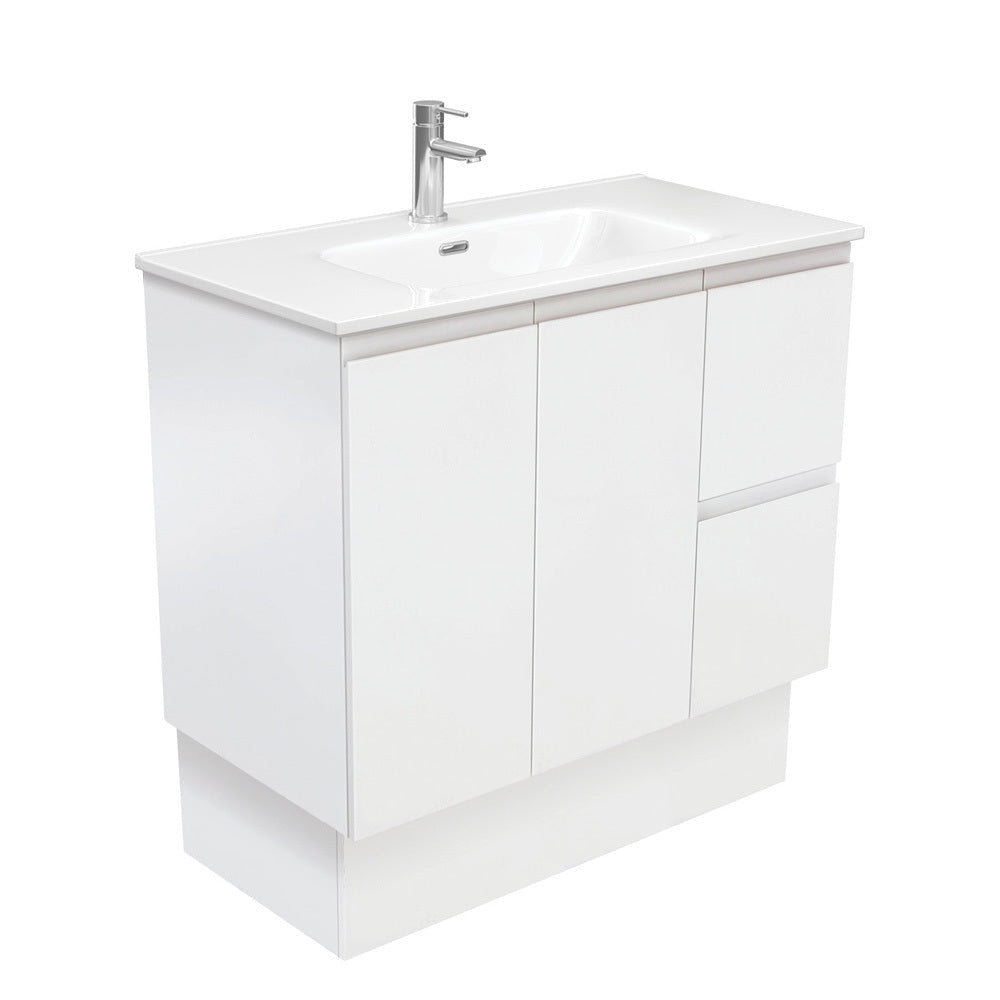 Fienza JOL90ZKR Joli 900mm Fingerpull Vanity on Kickboard Right Drawers Satin White - Vanity Units