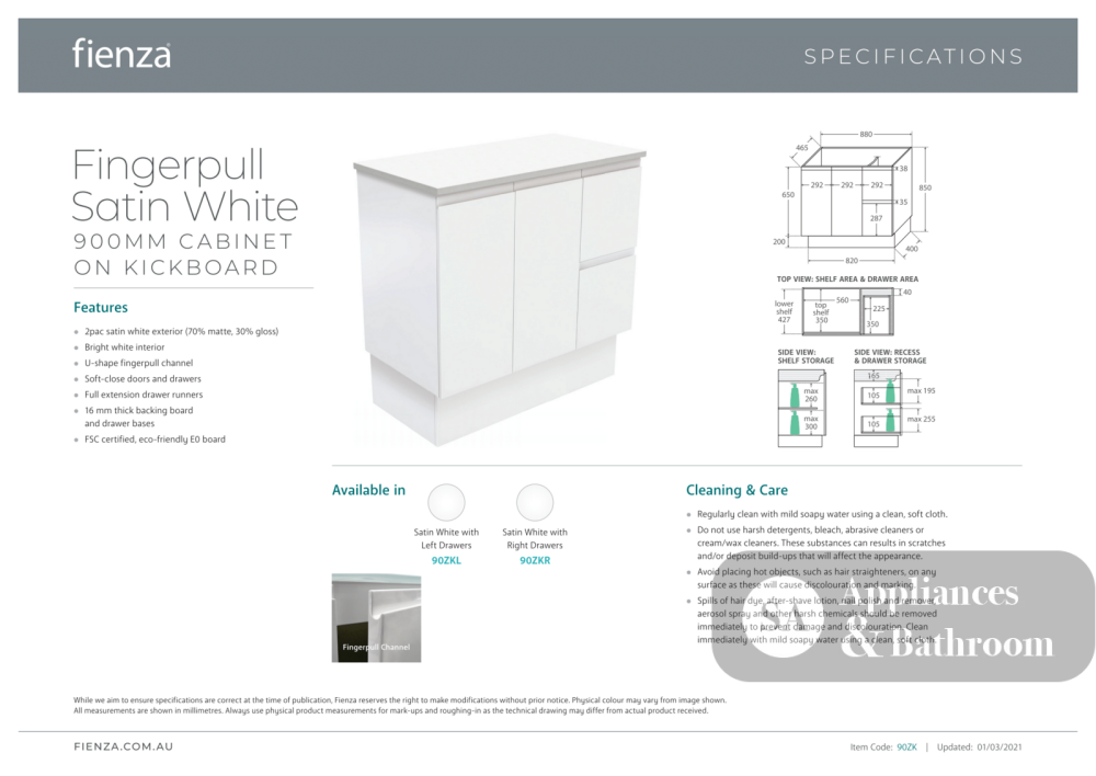 Fienza JOL90ZKR Joli 900mm Fingerpull Vanity on Kickboard Right Drawers Satin White - Vanity Units