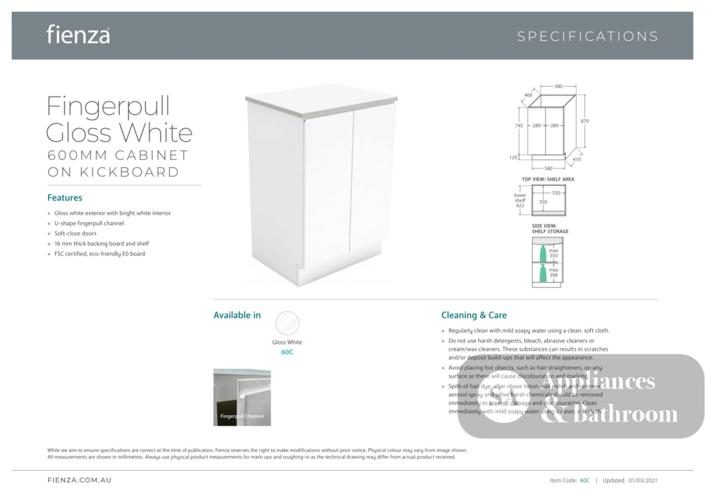 Fienza Joli Edge JOL60C-3 (3 Taphole) 600mm Gloss White Vanity On Kickboard - Vanity Units