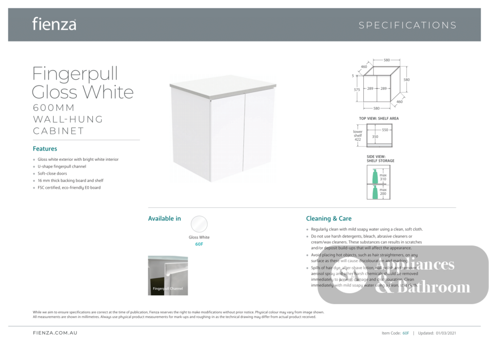 Fienza Joli Edge JOL60F 600mm Gloss White Wall Hung Vanity - Vanity Units