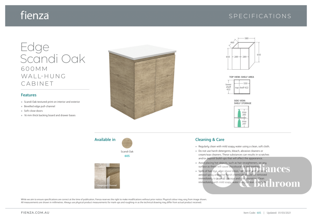Fienza Joli Edge JOL60S 600mm Scandi Oak Wall Hung Vanity - Vanity Units