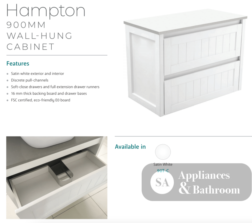 Fienza Joli Jol90T Hampton 900Mm White Wall Hung Vanity Unit - Special Order Units