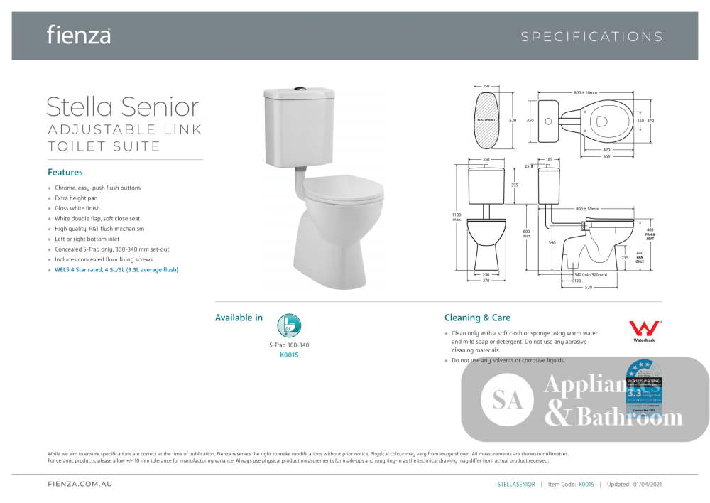 Fienza K001S Stella Senior Adjustable Link Suite - Adjustable Link Suite