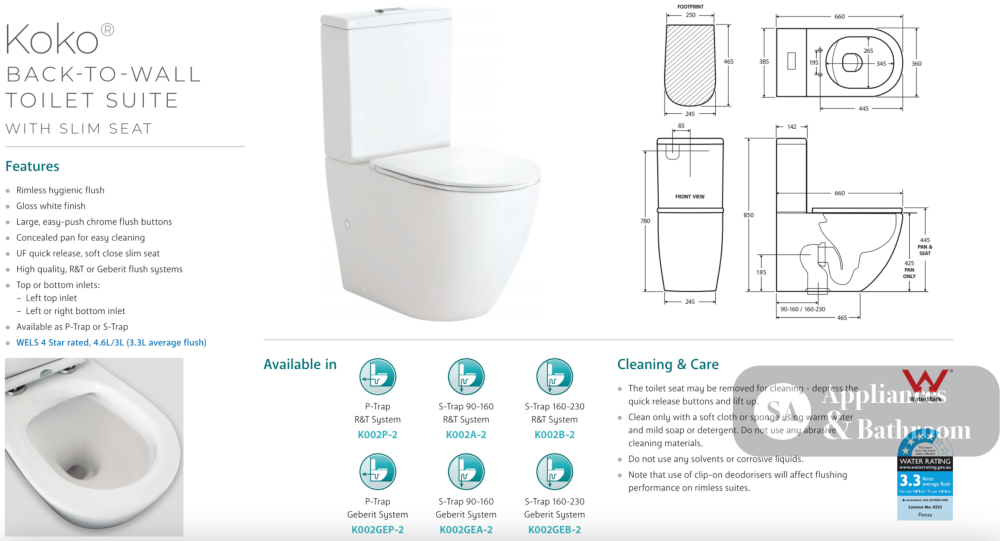 Fienza K002B-2 Koko Rimless Thin Seat S-Trap 160-230mm Back to Wall Toilet White - Chrome Buttons - Toilet Suites
