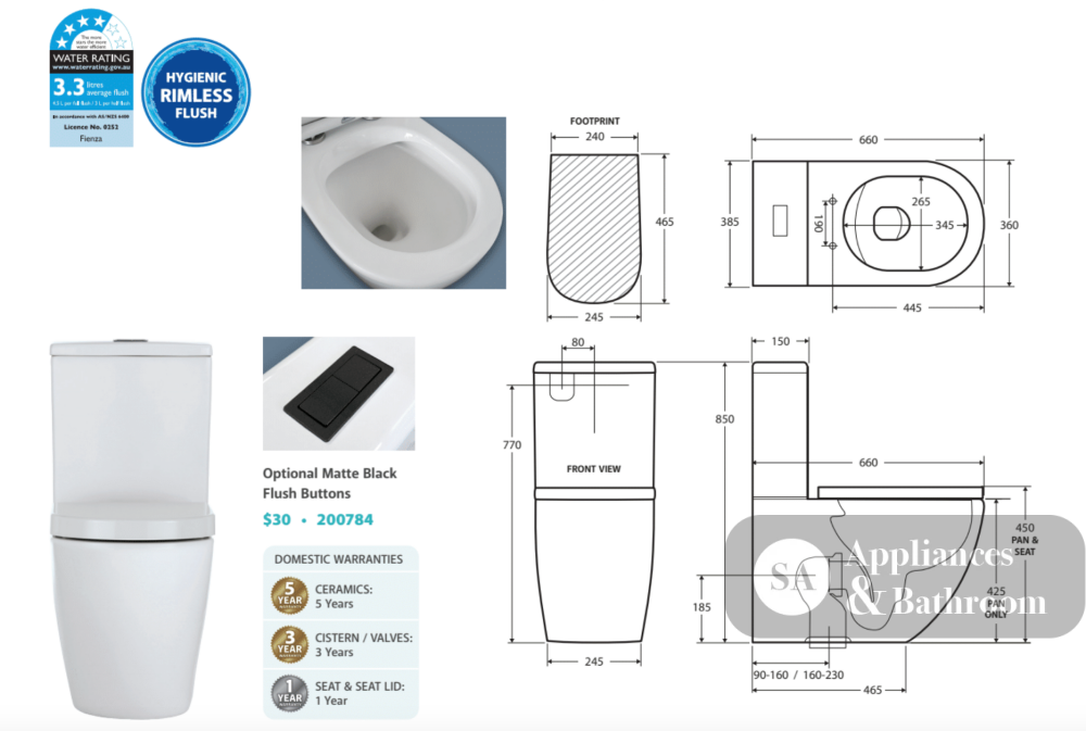 Fienza K002B Koko S-Trap 160-230mm Toilet Suite White - Chrome Buttons - Toilet Suites