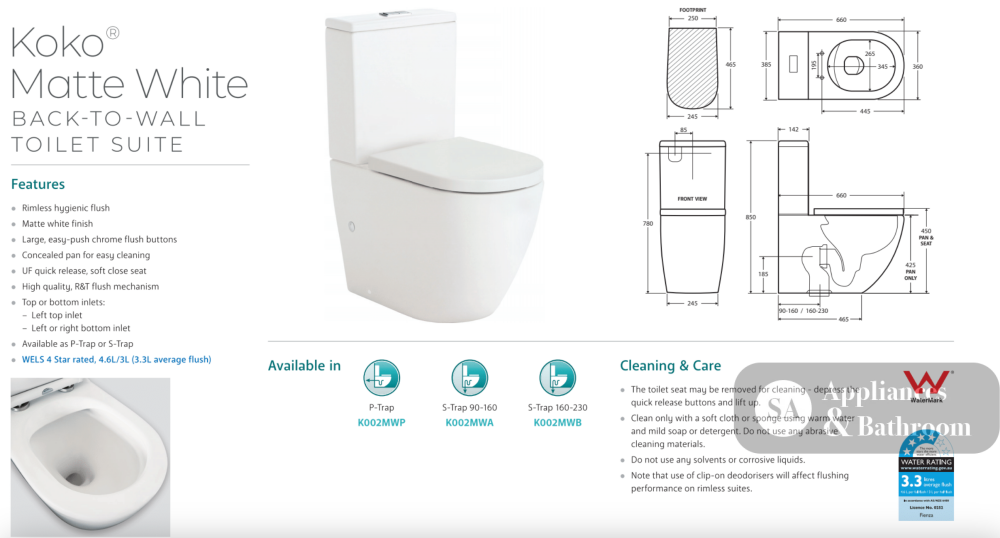 Fienza K002MWA Koko S Trap 90-160mm Toilet Suite Matte White - Toilet Suites