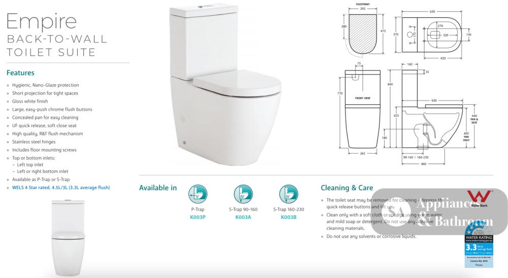 Fienza K003A Empire S-Trap 90-160mm Toilet Suite - Toilet Suites
