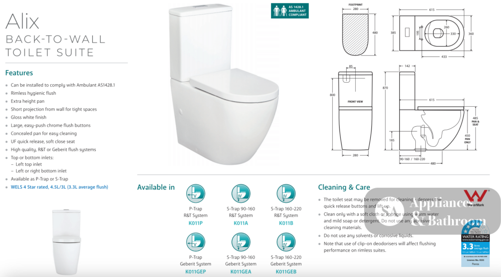 Fienza K011B Alix Extended Height S-Trap 160-230mm Toilet Suite White - Toilet Suites