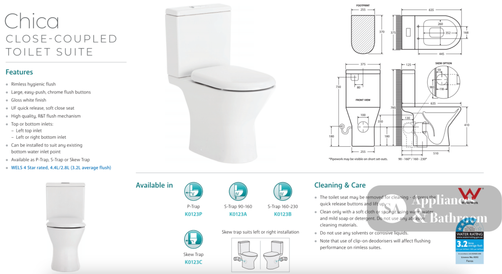 Fienza K0123C Chica Close Coupled Toilet (Skew Trap) White - Toilet Suites