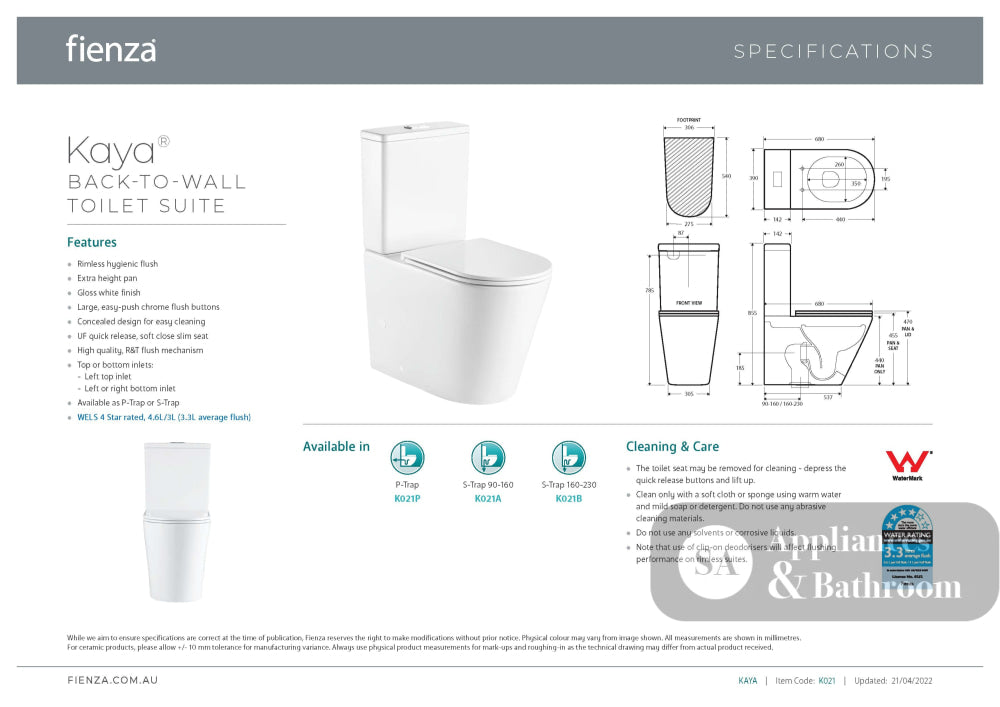 Fienza K021A Kaya Back to Wall S Trap 90-160mm Toilet White - Toilet Suites