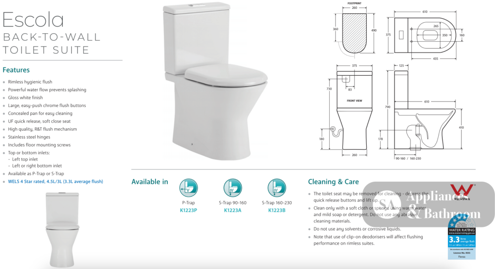 Fienza K1223A Escola Suite S-Trap 90-160mm Toilet White - Toilet Suites