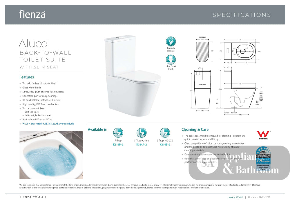 Fienza K314A-2 Aluca Tornado Flush Back-to-Wall Toilet Suite - Slim Seat - Toilet Suites