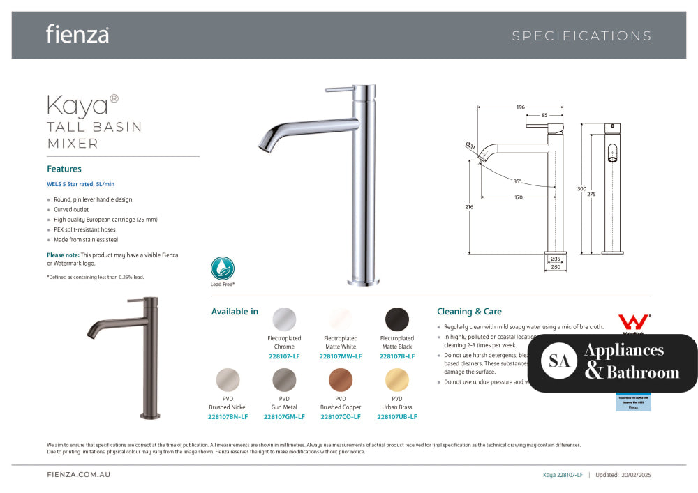 Fienza Kaya 228107B-LF Matte Black Tall Basin Mixer - Basin Mixers