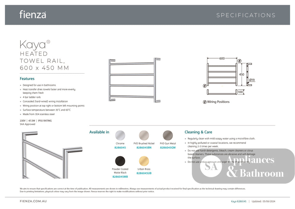 Fienza Kaya 8286045BN Heated Towel Rail 600 x 450mm Brushed Nickel - Bathroom Accessories