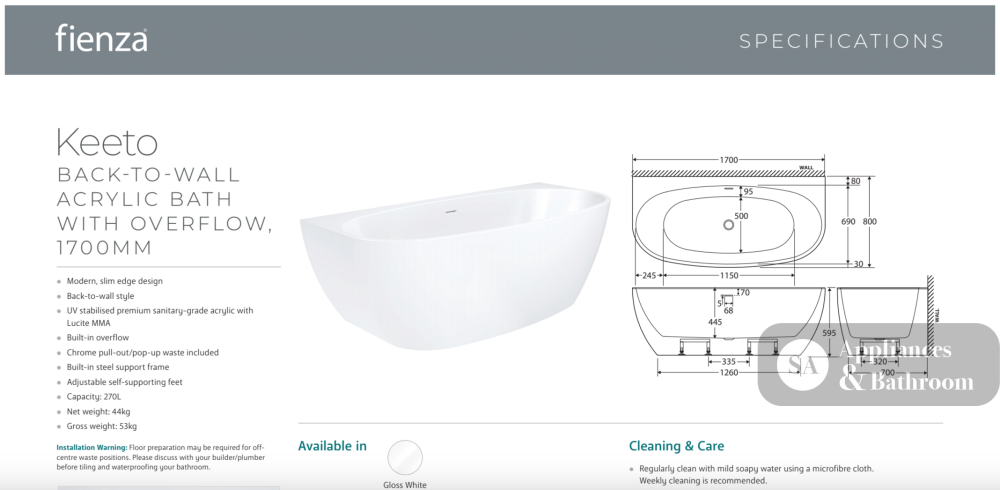 Fienza Keeto Back-to-wall Acrylic Bath 1700mm - Gloss White - Back To Wall Bath