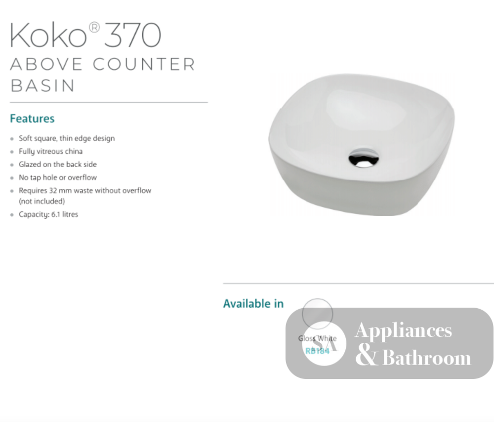 Fienza Koko RB184 370mm Above Counter Basin Gloss White - Basins