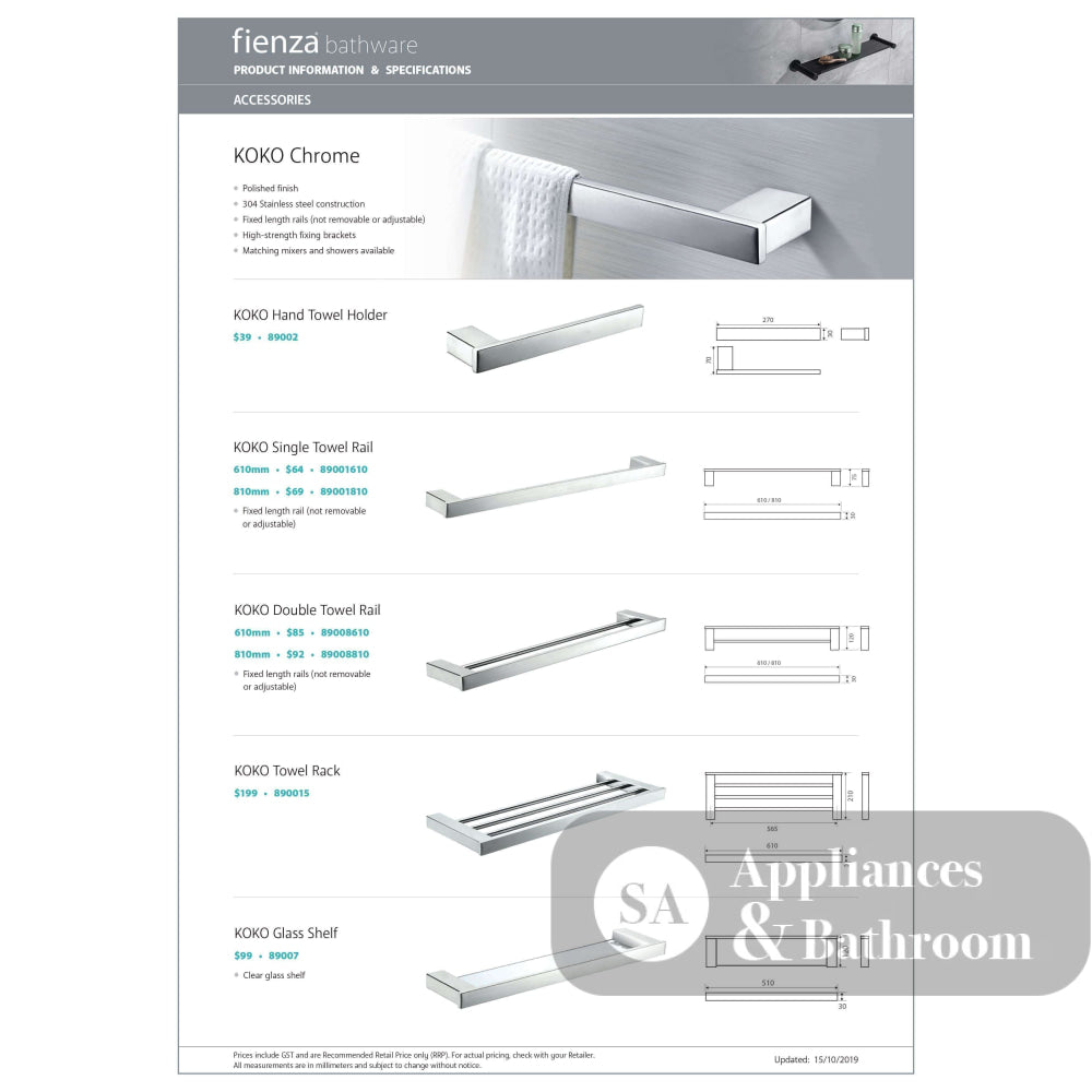 Fienza Koko Single Towel Rail 810mm Chrome - TOWEL RAIL & RACKS