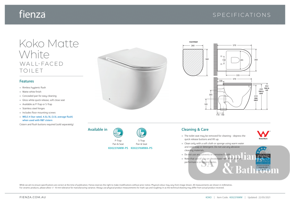 Fienza Koko Wall-Faced Suite - Matte White - Wall Faced Suite