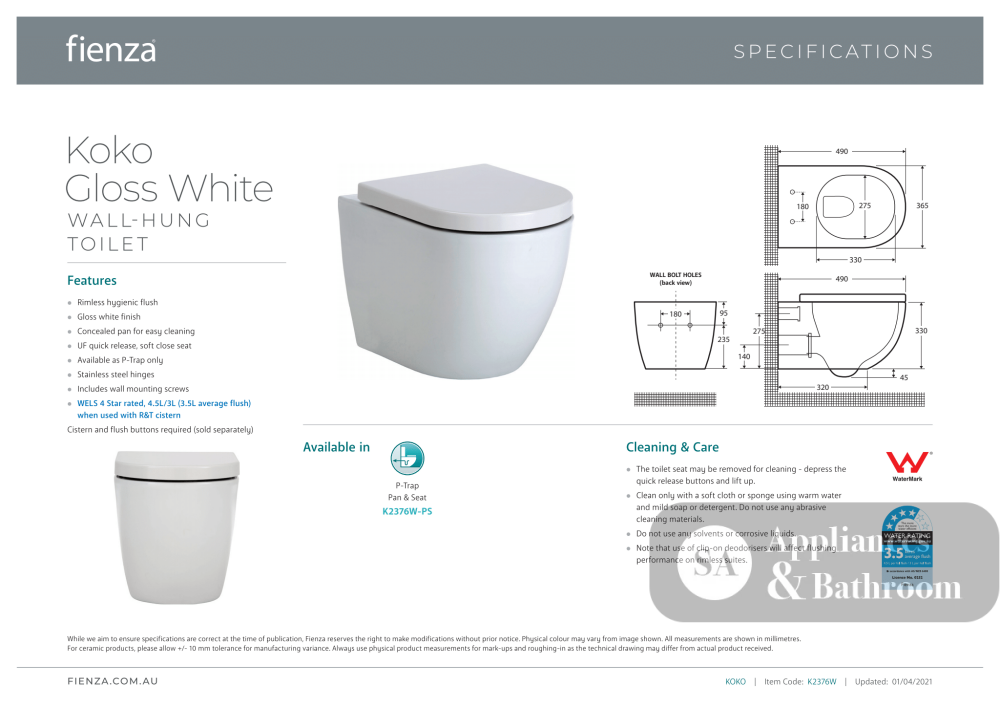 Fienza Koko Wall-Hung Suite - Gloss White - Wall Hung Suite