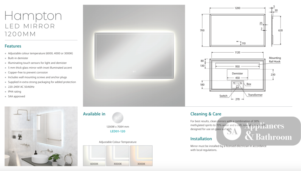 Fienza LED01-120 Hampton LED Mirror 1200 x 700 mm - Mirrors