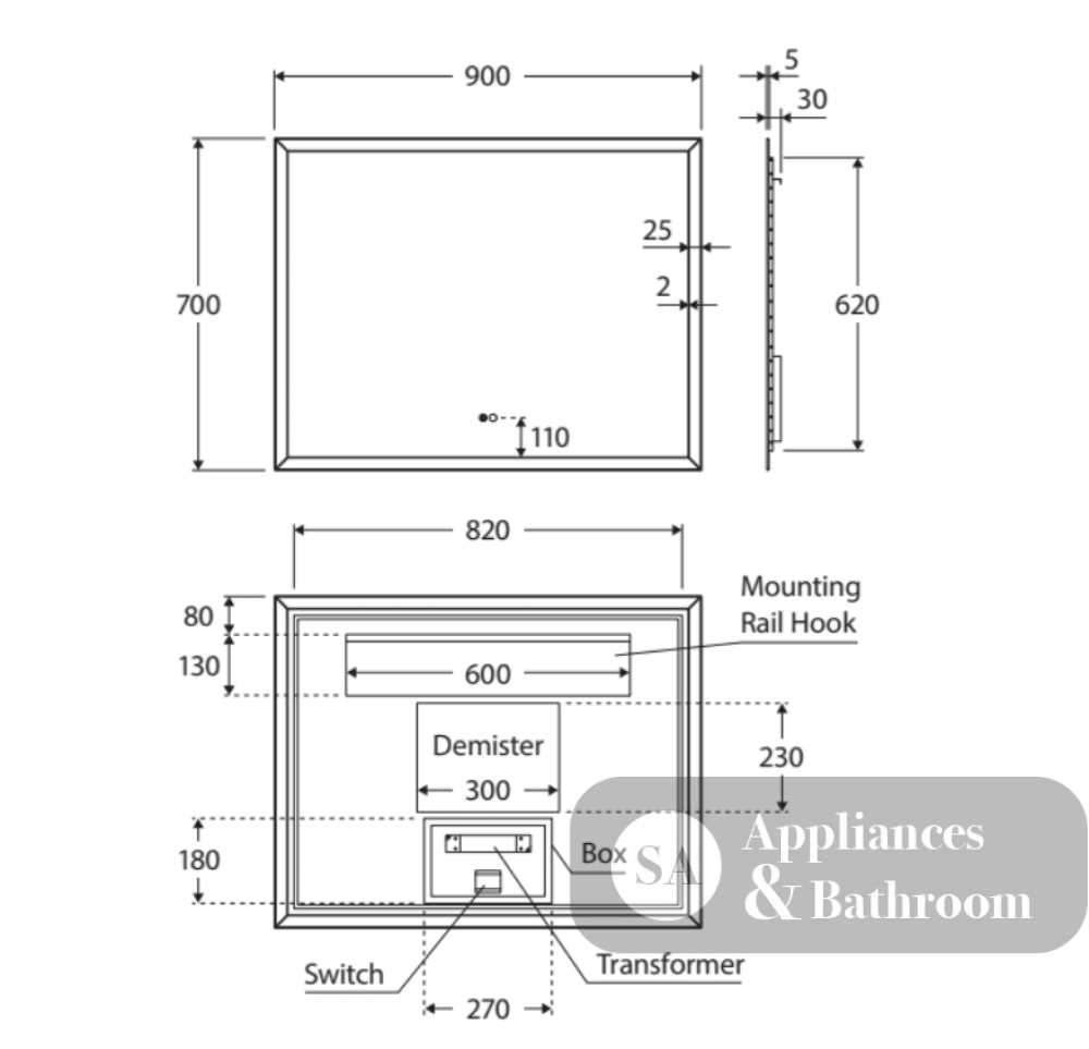 Fienza LED01-90 Hampton LED Mirror 900 x 700 mm - Mirrors