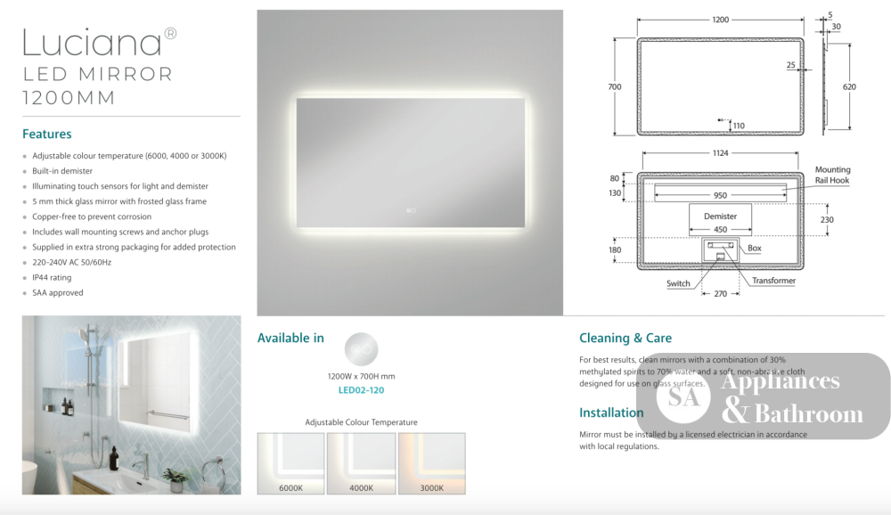 Fienza LED02-120 Luciana LED Mirror 1200 x 700 mm - Mirrors