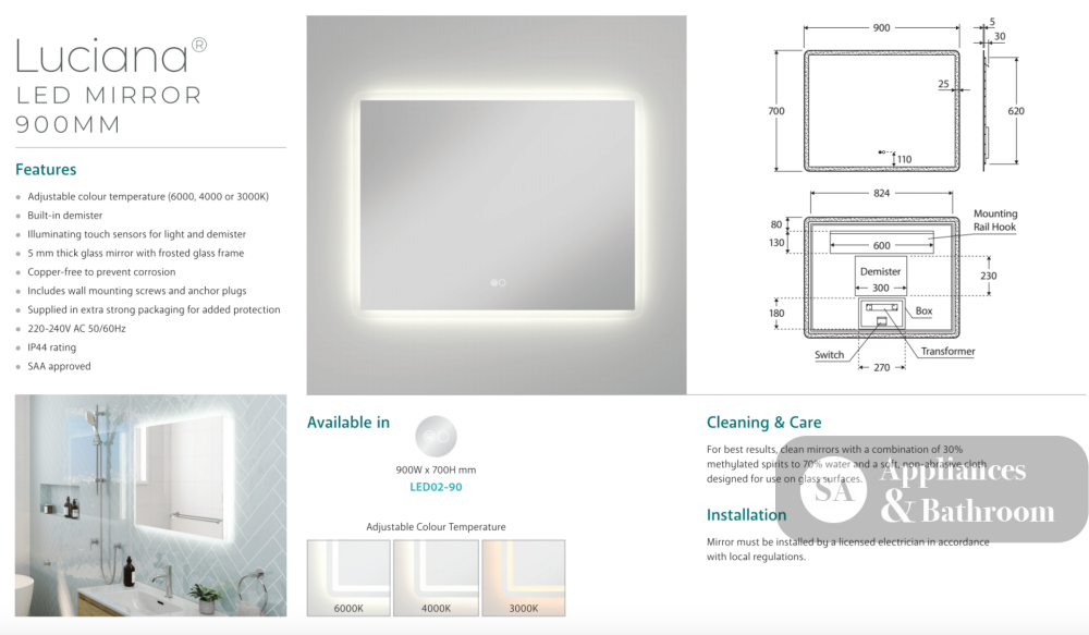 Fienza LED02-90 Luciana LED Mirror 900 x 700 mm - Mirrors