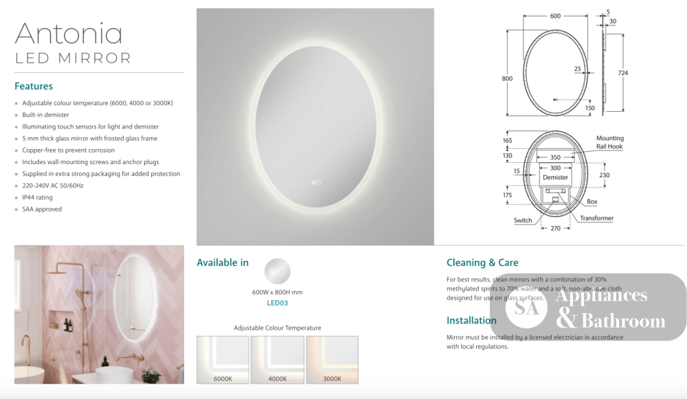 Fienza LED03 Antonia Oval LED Mirror - Mirrors