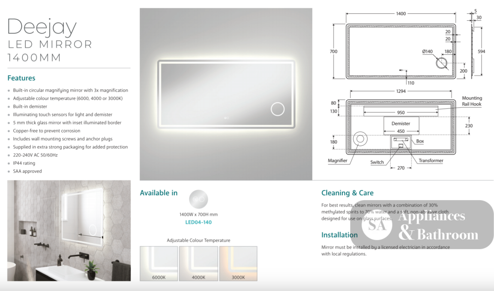 Fienza LED04-140 Deejay LED Mirror 1400 x 700 mm - Mirrors
