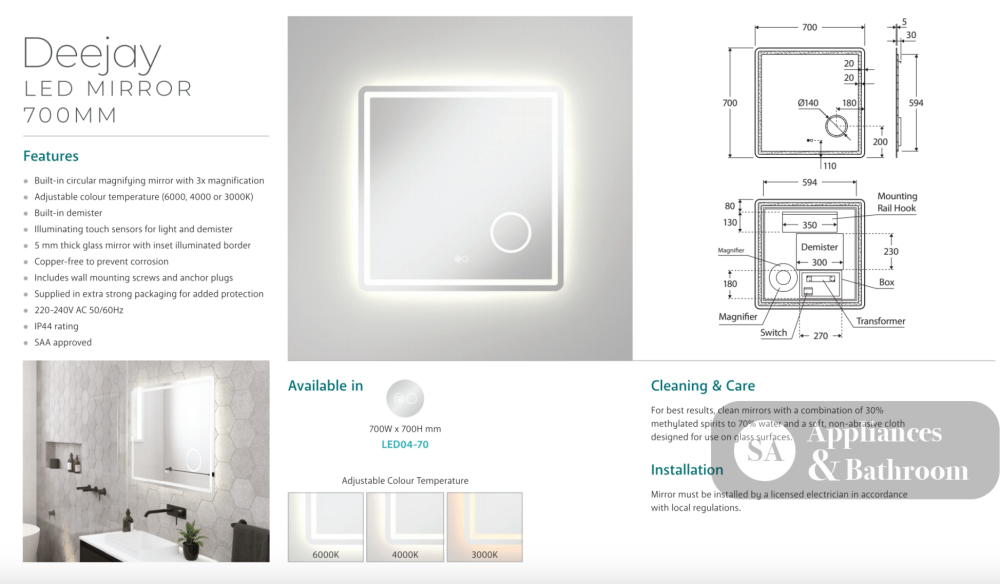 Fienza LED04-70 Deejay LED Mirror 700 x 700 mm - Mirrors