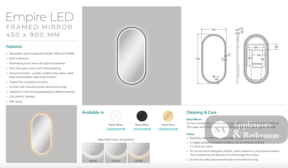 Fienza LED4590FPCO Empire LED Brushed Copper Framed Mirror 450 x 900mm - Mirrors