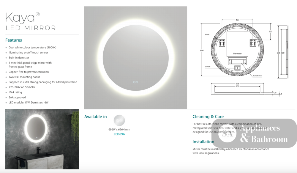 Fienza LED696 Kaya Round LED Mirror - Mirrors