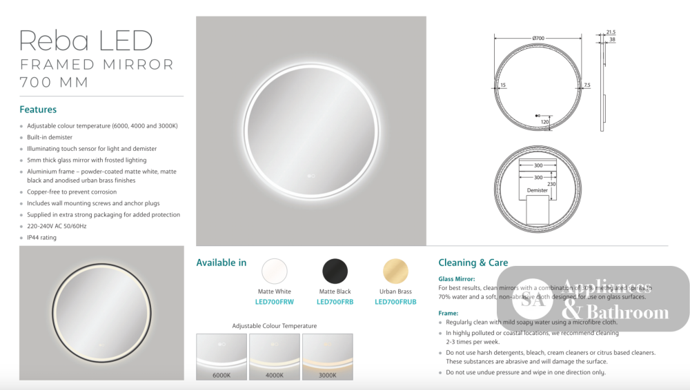 Fienza LED700FRW Reba LED Matte White Framed Mirror 700mm - Mirrors