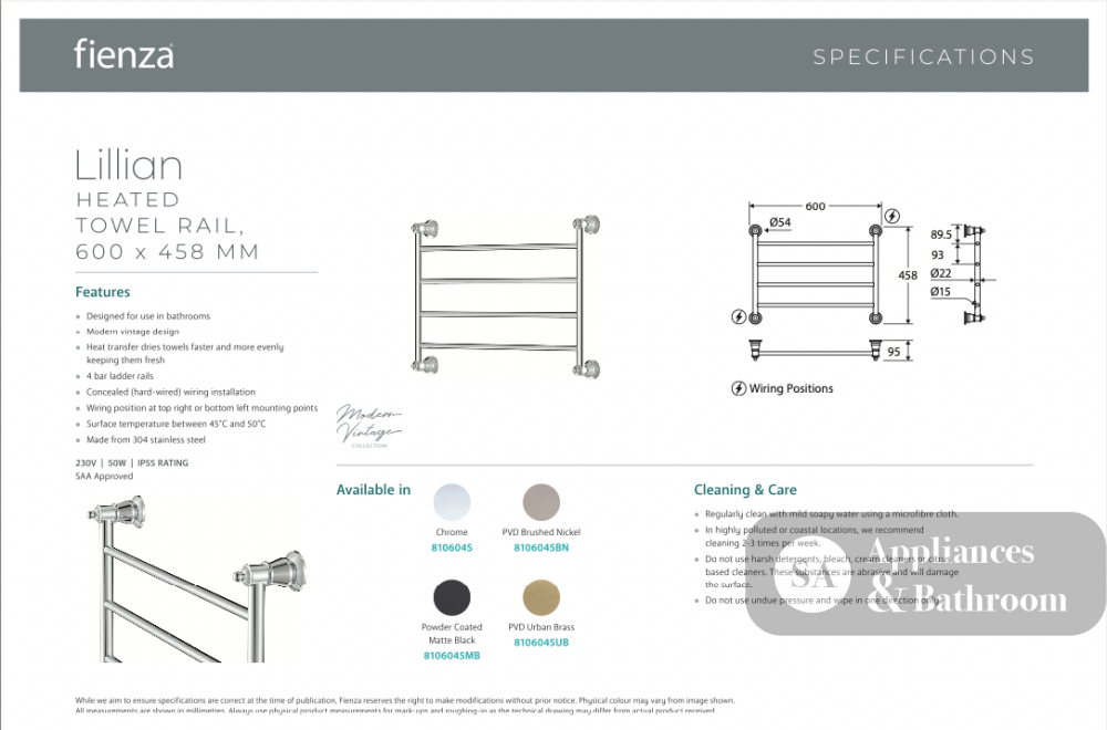 Fienza Lillian Heated Towel Rail - Brushed Nickel - Heated Towel Ladder