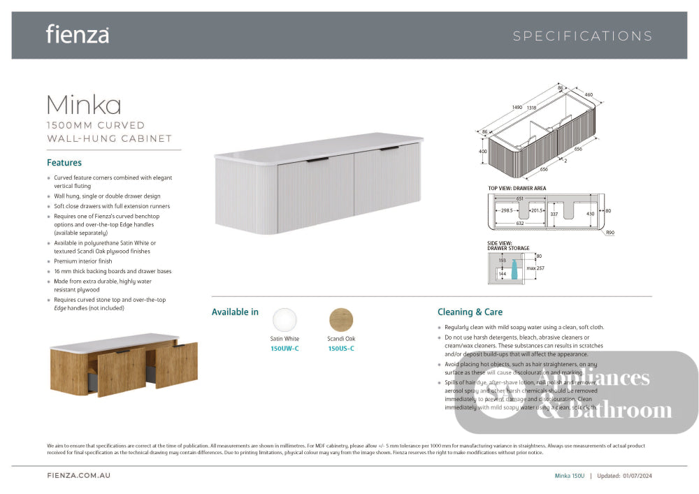 Fienza LOL150USD Lola 1500 Matte Minka Curved Scandi Oak Wall-Hung Vanity One Tap Hole - Wall Hung Vanity