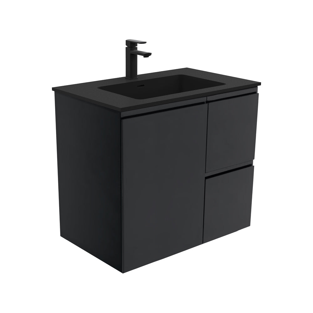 Fienza MON75ZR Montana Fingerpull 750 Satin Black Wall Hung Vanity Right Drawers - Vanity Units