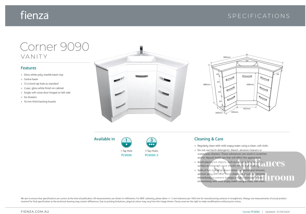 Fienza PC9090 Corner 900x900 Vanity Unit White - Vanity Units