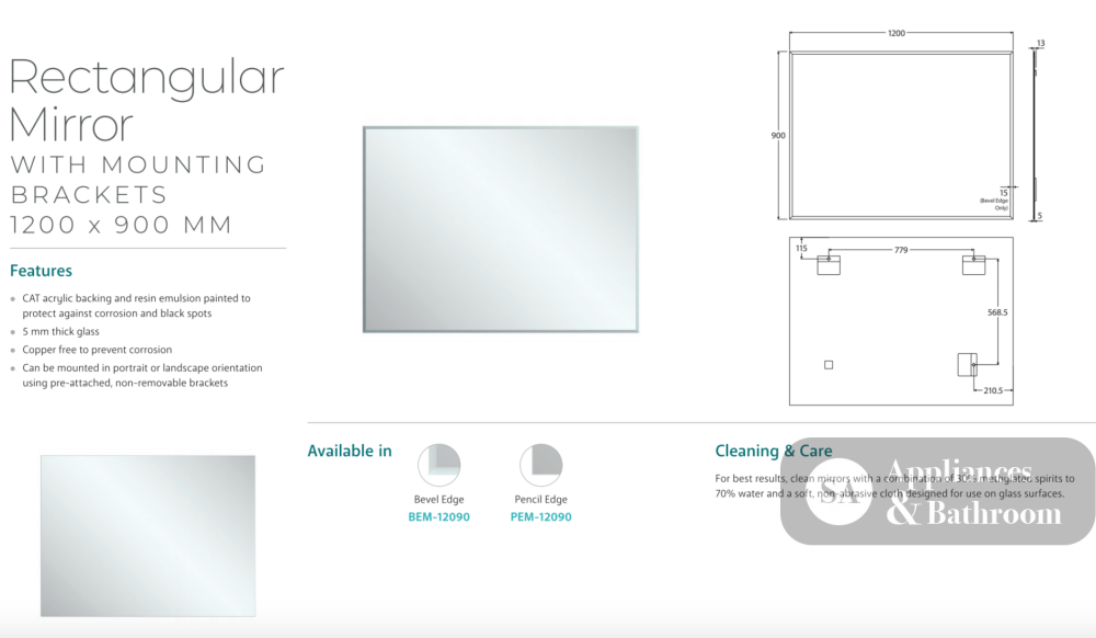 Fienza PEM-12090 Pencil Edge Rectangular Mirror 1200 x 900mm - Mirrors
