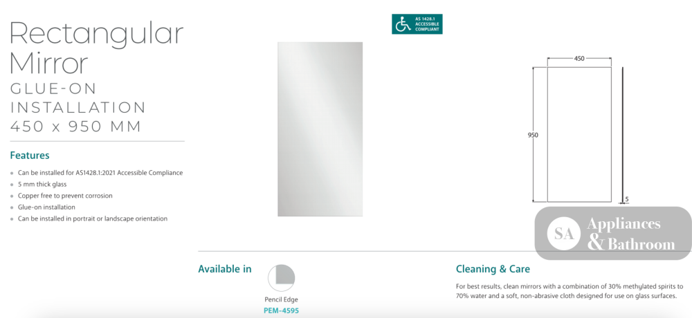 Fienza PEM-4595 Pencil Edge Rectangular Mirror 450 x 950mm - Mirrors
