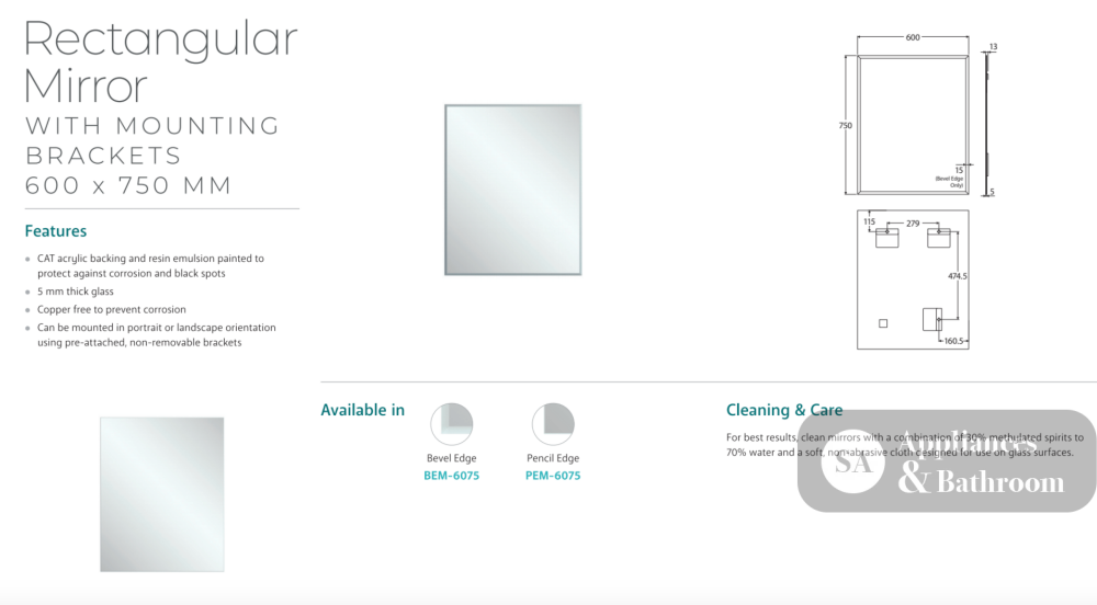 Fienza PEM-6075 Pencil Edge Rectangular Mirror 600 x 750mm - Mirrors