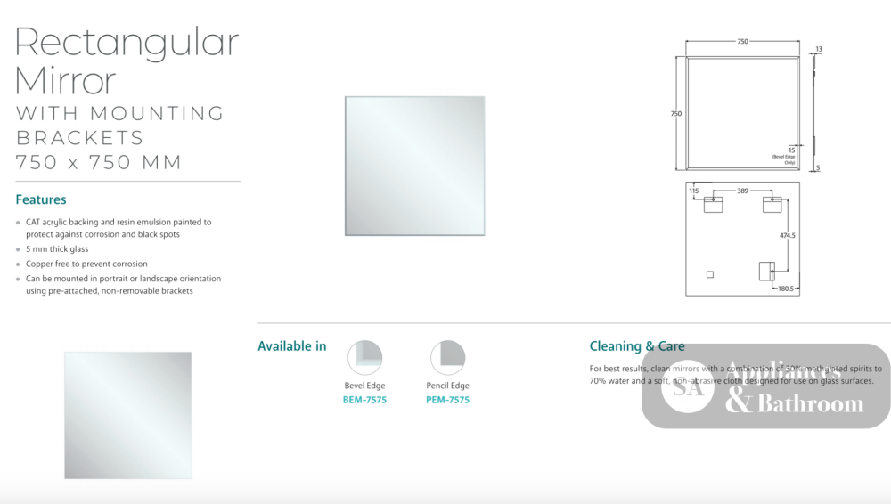 Fienza PEM-7575 Pencil Edge Rectangular Mirror 750 x 750mm- Special Order - Mirrors