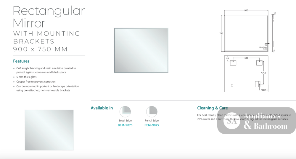 Fienza PEM-9075 Pencil Edge Rectangular Mirror 900 x 750mm - Mirrors