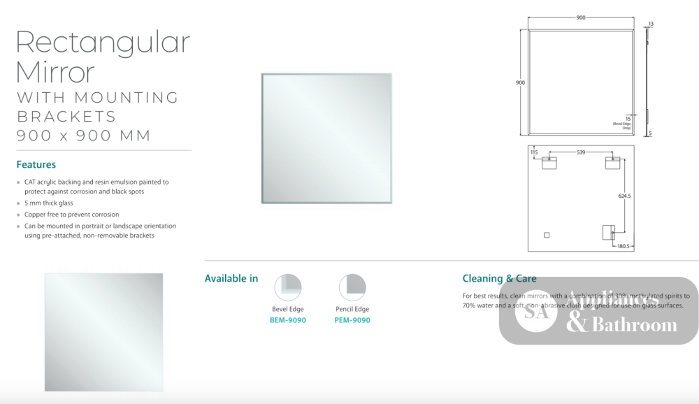 Fienza PEM-9090 Pencil Edge Rectangular Mirror 900 x 900mm - Mirrors