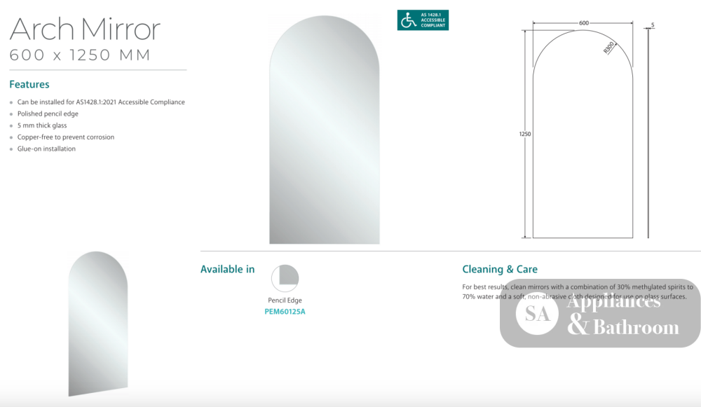 Fienza PEM60125A Arch Mirror 600 x 1250mm - Mirrors