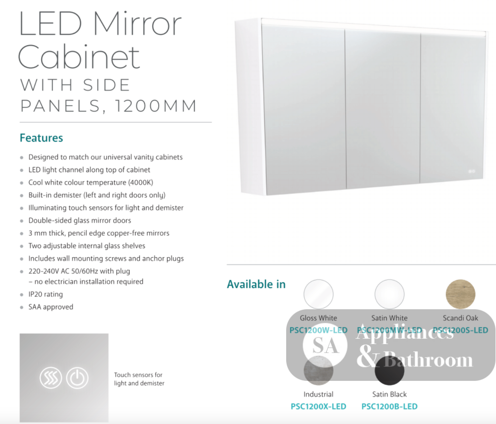 Fienza PSC1200B-LED 1200mm Mirror LED Cabinet Satin Black - Mirrors & Cabinets