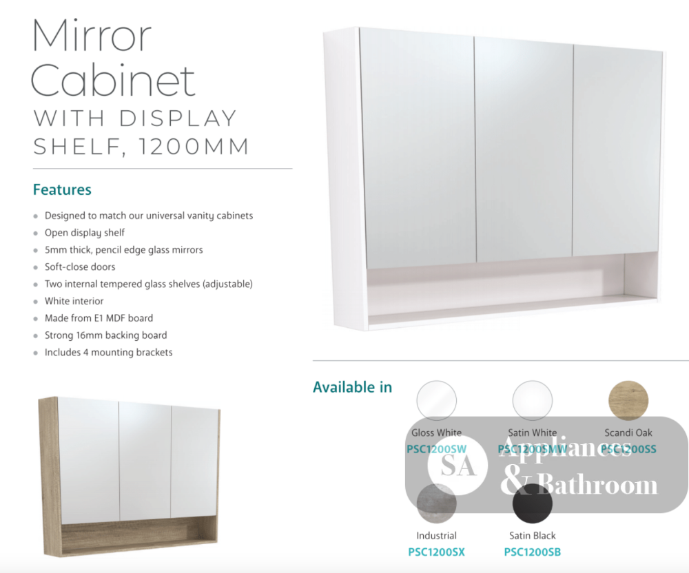 Fienza PSC1200SMW 1200mm Mirror Cabinet with Undershelf Satin White - Mirrors & Cabinets