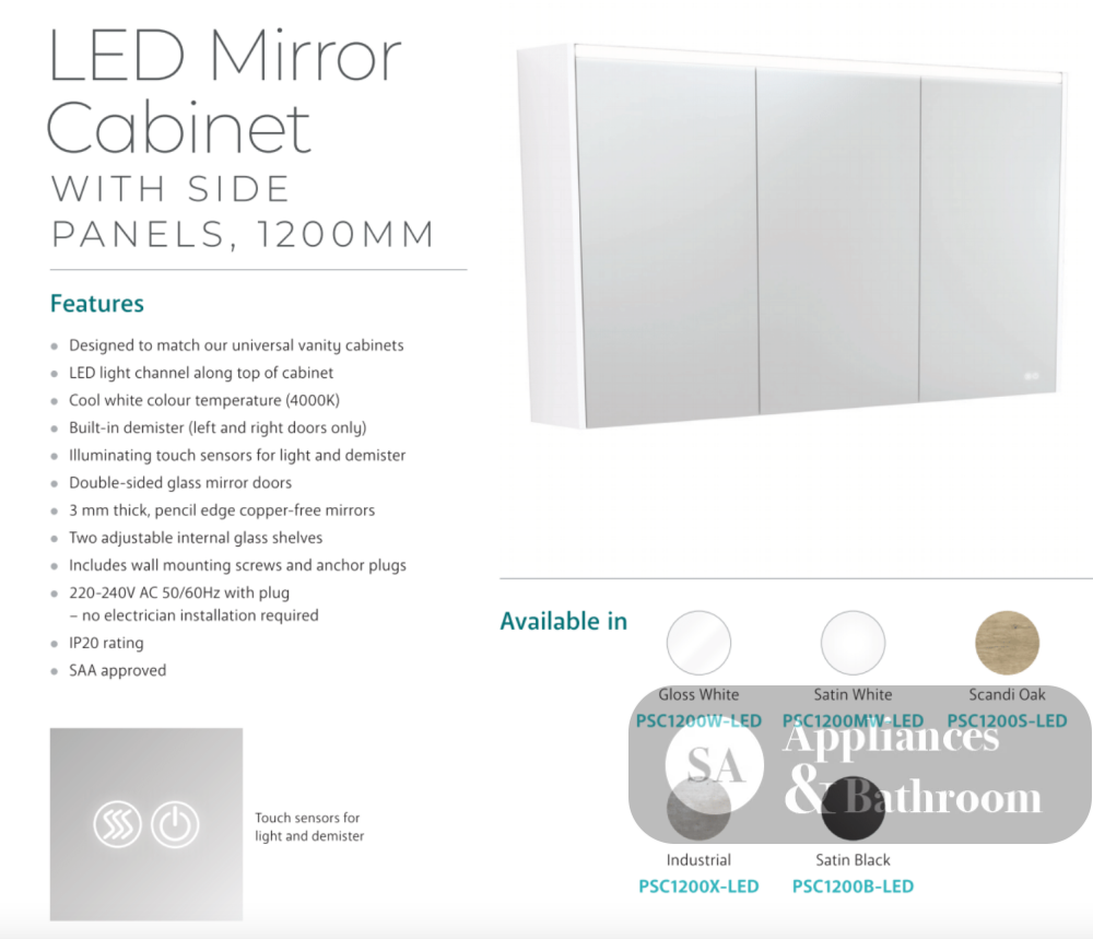 Fienza PSC1200W-LED 1200mm Mirror LED Cabinet Gloss White - Mirrors & Cabinets