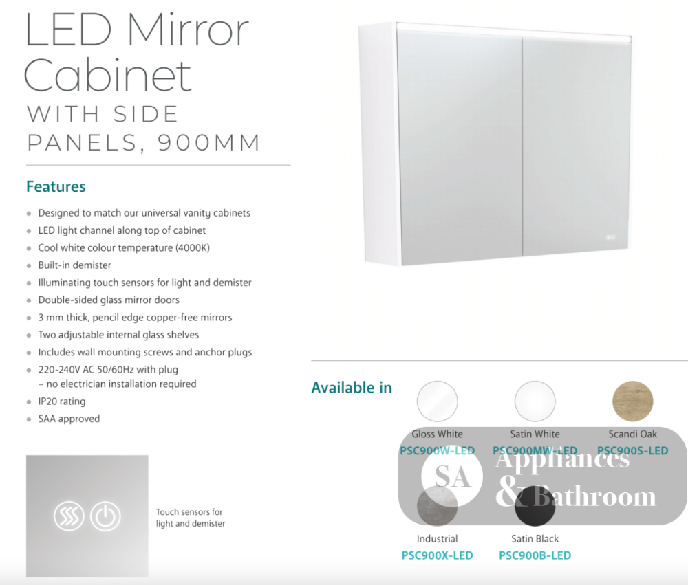 Fienza PSC900B-LED 900mm Mirror LED Cabinet Satin Black - Mirrors & Cabinets