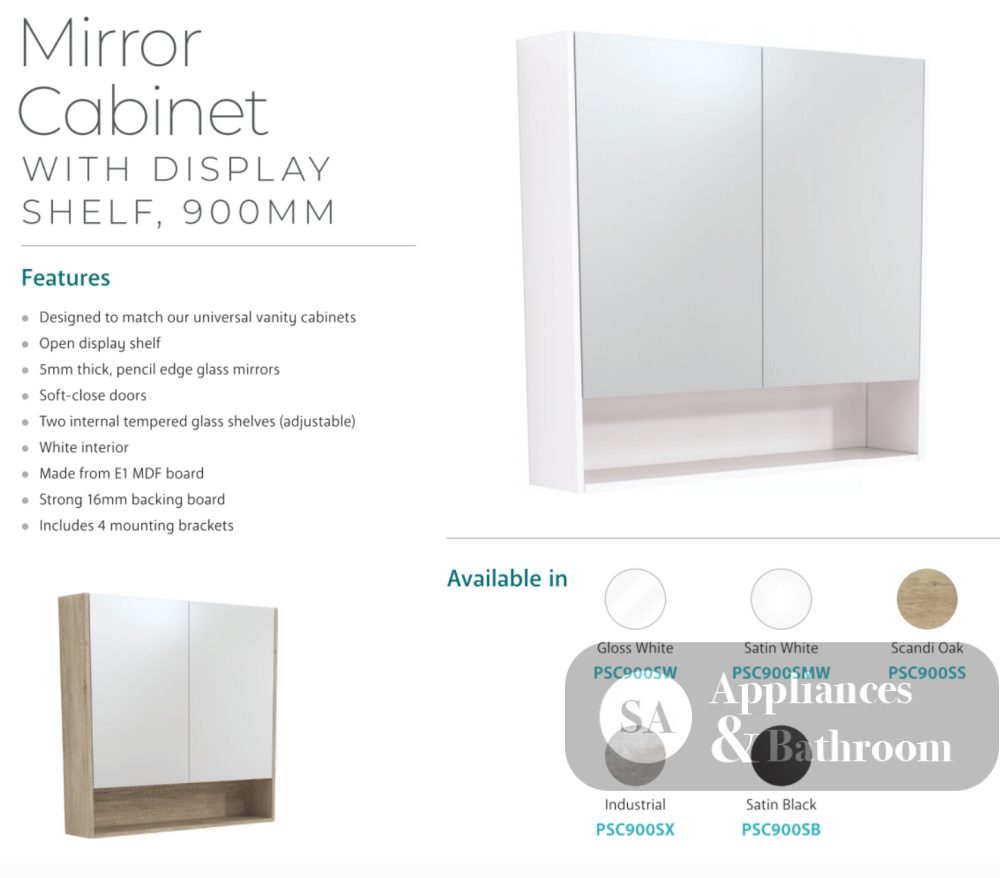 Fienza PSC900SMW Mirror Cabinet 900mm with Undershelf Satin White - Mirrors & Cabinets